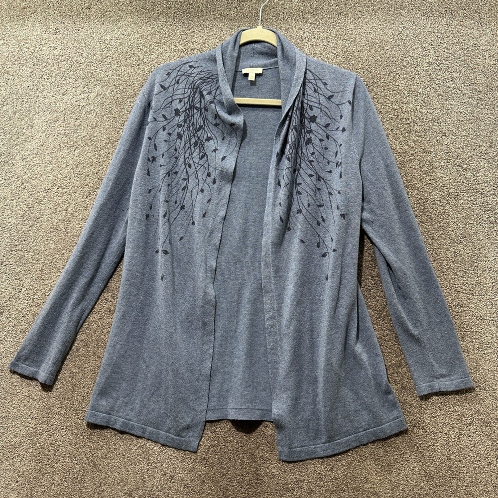 Talbots Cardigan Sweater Women Medium Blue Open Front Floral Vine Print Coastal